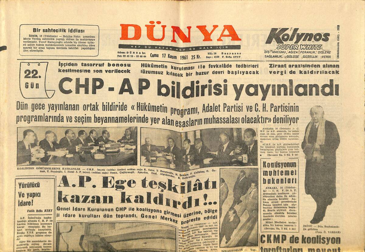 Dünya Gazetesi 17 Kasım 1961 - A.P. Ege Teşkilâtı Kazan Kaldırdı !.. - CHP-AP Bildirisi Yayınlandı GZ148127 - 1