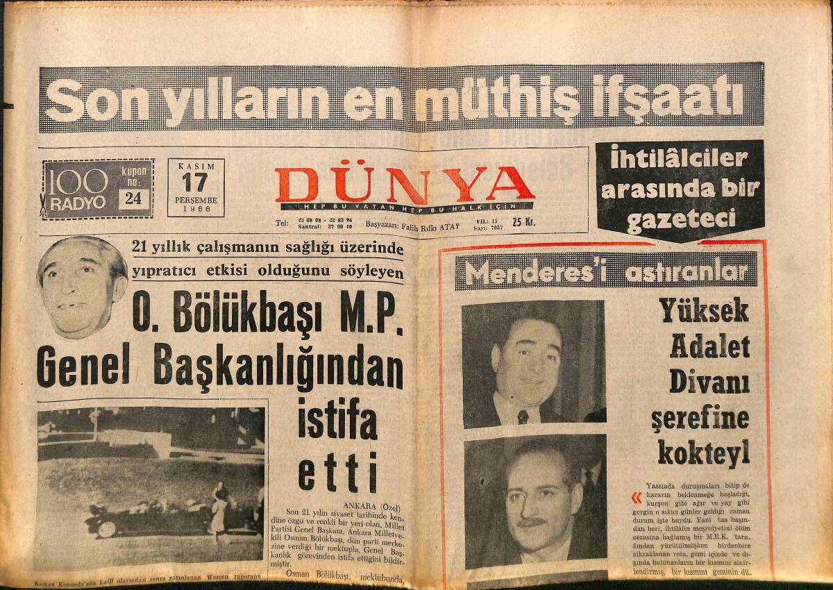 Dünya Gazetesi 17 Kasım 1966 - Menderes'i Astıranlar - Clay: Beni Kimse Dövemiyecek GZ149346 - 1