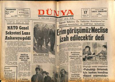 Dünya Gazetesi 17 Kasım 1971 - NATO Genel Sekreteri Luns Ankaraya Geldi GZ81050 - 1