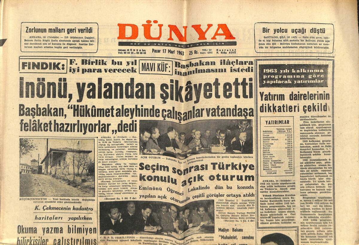 Dünya Gazetesi 17 Mart 1963 - İnönü, Yalandan Şikayet Etti - Süreyya Artist Olacağını Açıkladı GZ150991 - 1