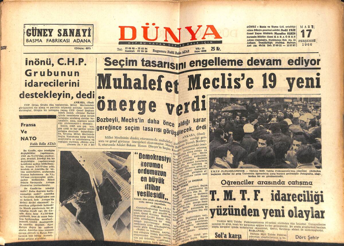 Dünya Gazetesi 17 Mart 1966 - Gemini 8 Uzayda Agena Roketi İle Dün Buluştu - Los Angeles'in Zenci Semtinde Yeni Olaylar GZ150905 - 1