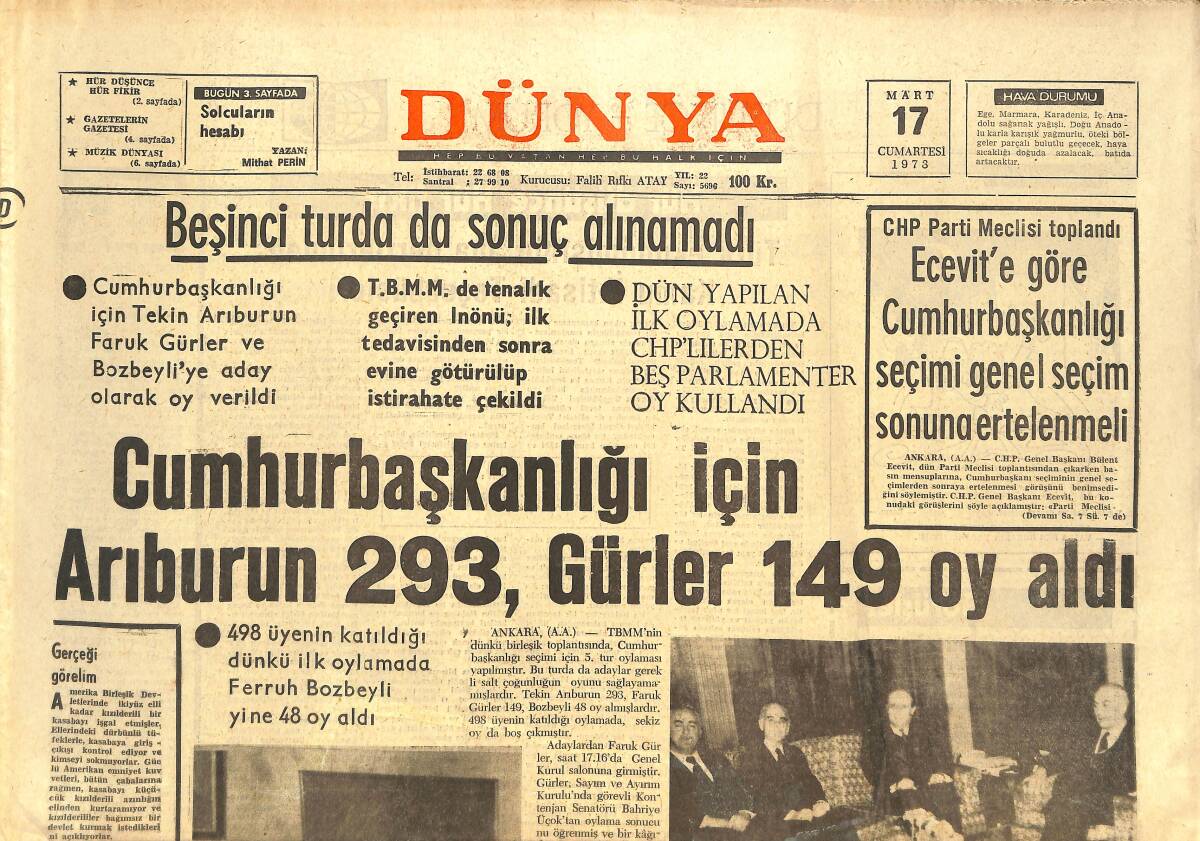 Dünya Gazetesi 17 Mart 1973 - Cumhurbaşkanlığı İçin Arıburun 293, Gürler 149 Oy Aldı - Türkiye Yıldız Basketbol Şampiyonasına Başlandı GZ142642 - 1