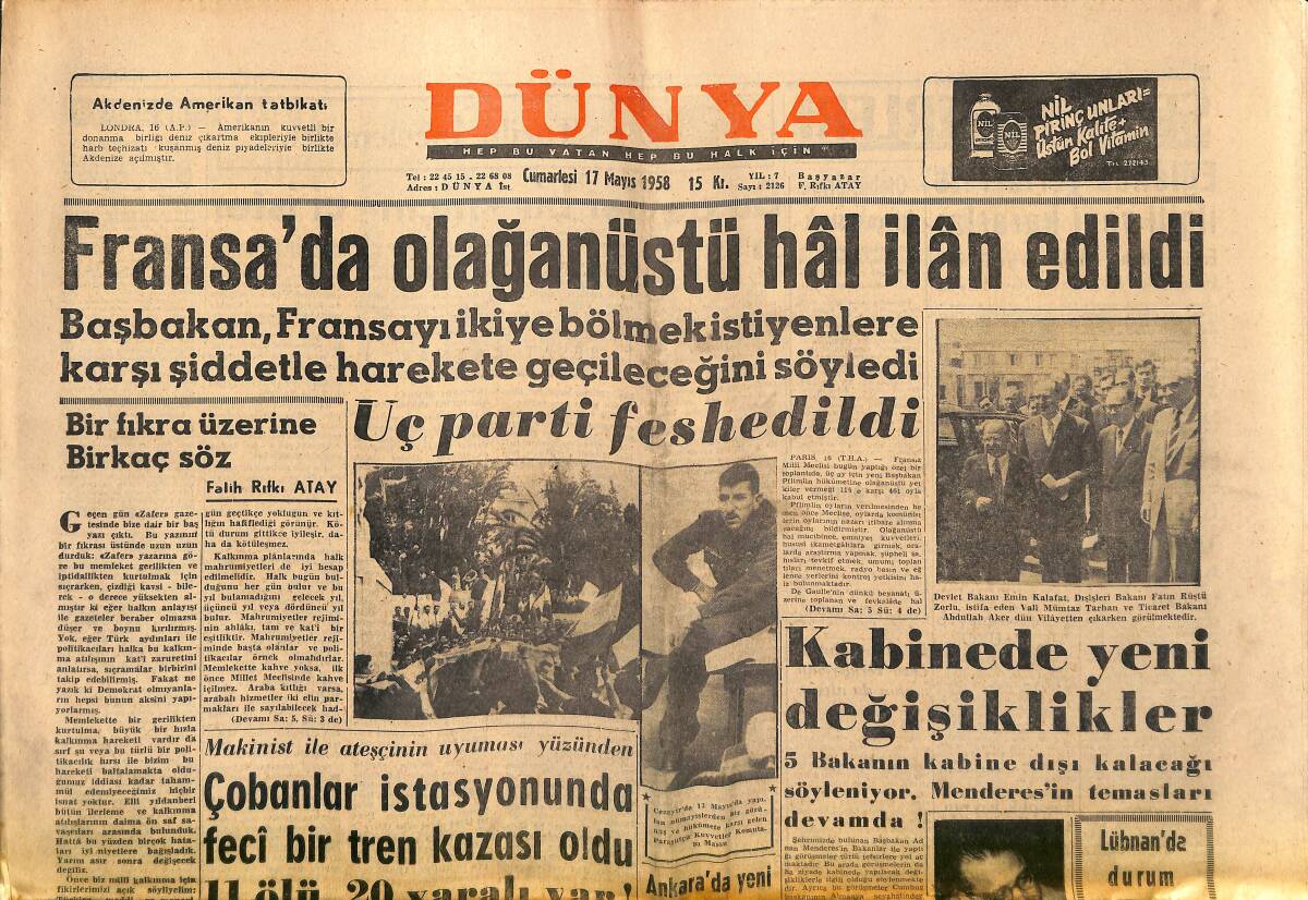 Dünya Gazetesi 17 Mayıs 1958 - Fransa'da Olağanüstü Hal İlan Edildi - Zsa Zsa Gabor: Pahalı Kurtizan GZ152163 - 1