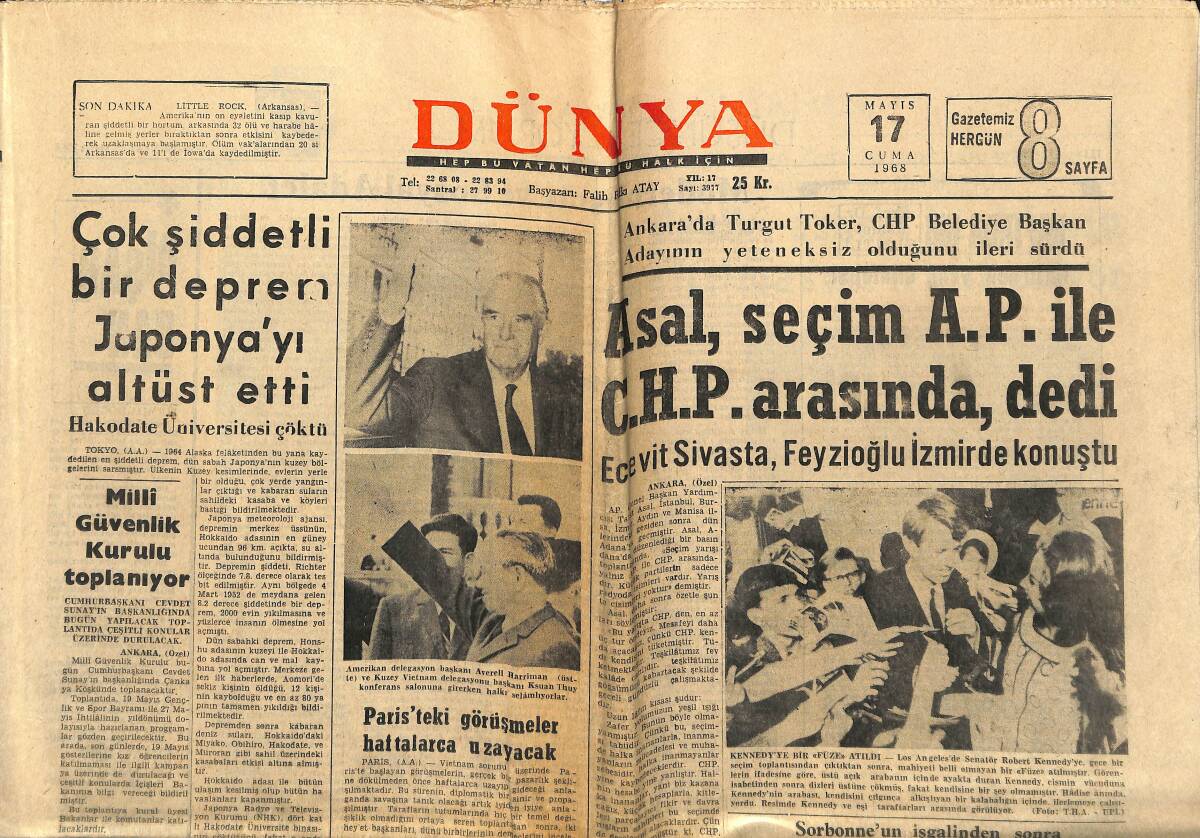 Dünya Gazetesi 17 Mayıs 1968 - Seka, İşçilerle Ortaklık Kuracak - Ecevit Sivas'ta, Feyzioğlu İzmir'de Konuştu GZ150993 - 1