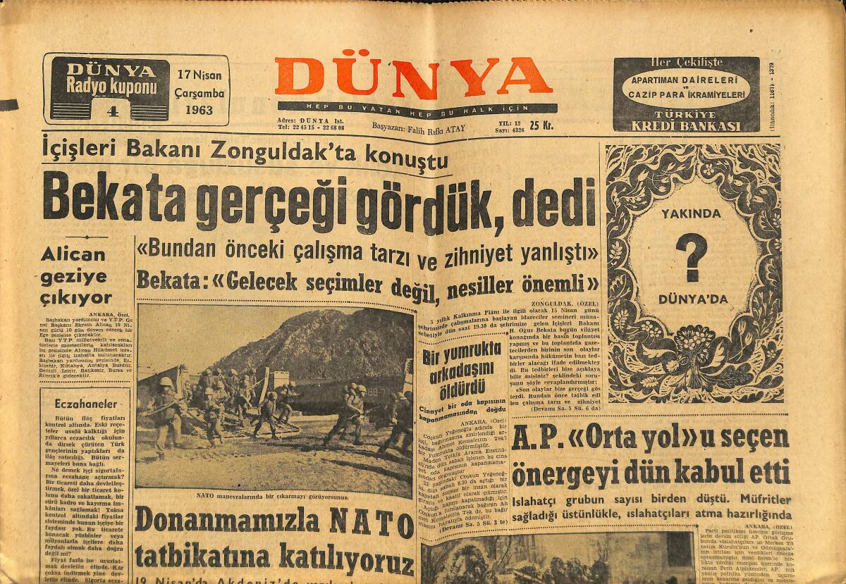 Dünya Gazetesi 17 Nisan 1963 - Koraltan Toptaşına Naklediliyor - Bekata Gerçeği Gördük Dedi GZ148067 - 1