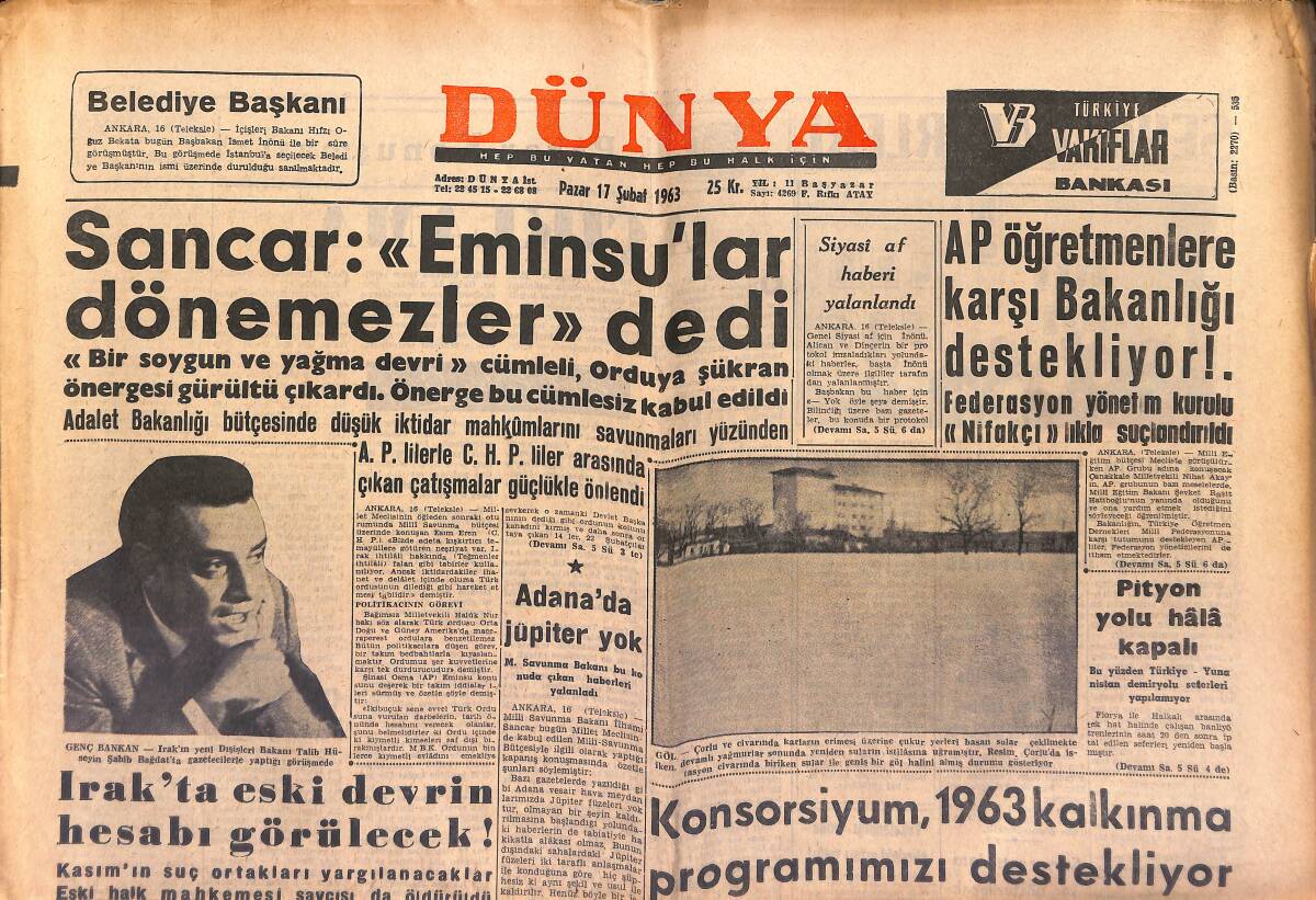Dünya Gazetesi 17 Şubat 1963 - Salih Tozan Vefat Etti - Adana'da Jüpiter Yok GZ149599 - 1