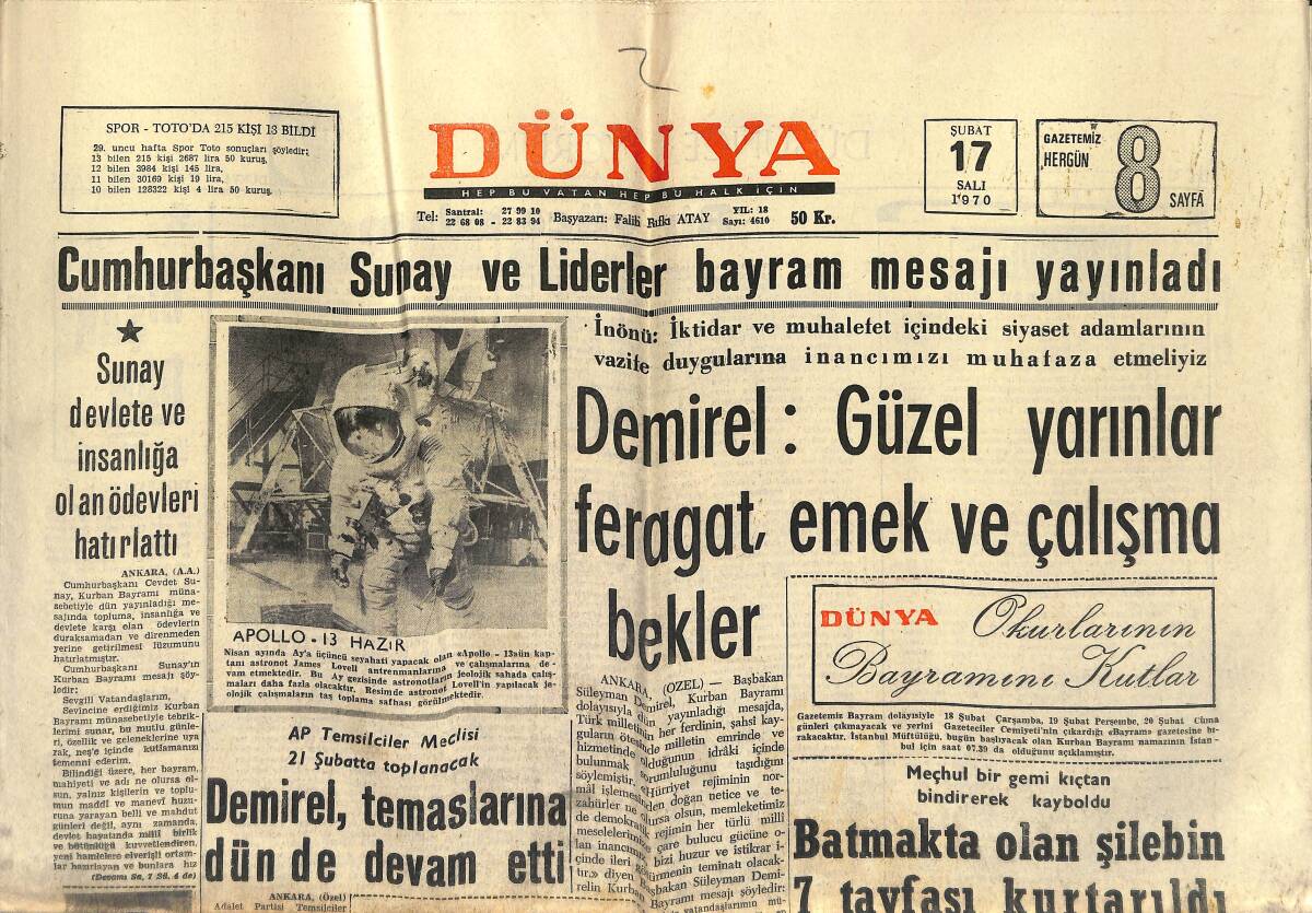 Dünya Gazetesi 17 Şubat 1970 - Apollo-13 Hazır - Demirel'in İstifa Mektubu Resmi Gazetede Dün Yayınlandı GZ150976 - 1