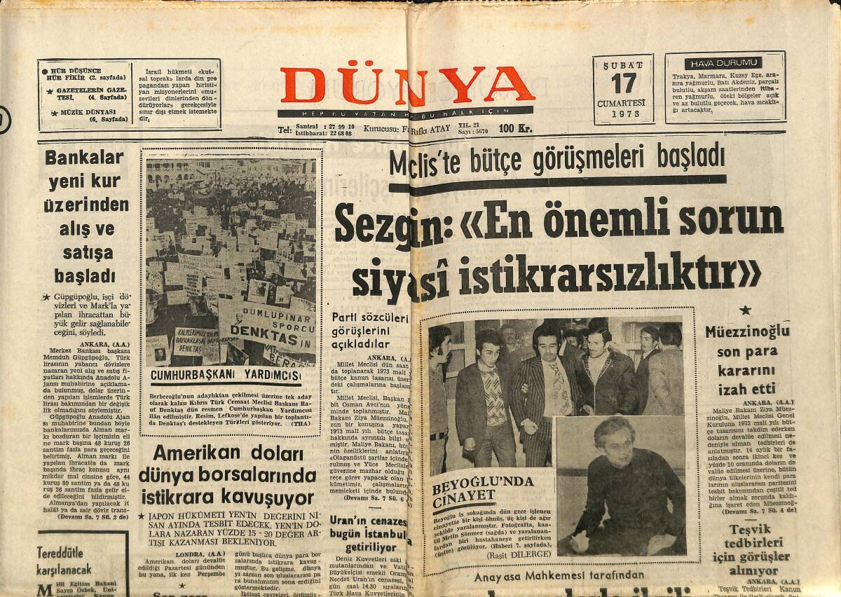 Dünya Gazetesi 17 Şubat 1973 - Eyüp Lisesi Açıldı - Bankalar Yeni Kur Üzerinden Alış Ve Satışa Başladı GZ148311 - 1