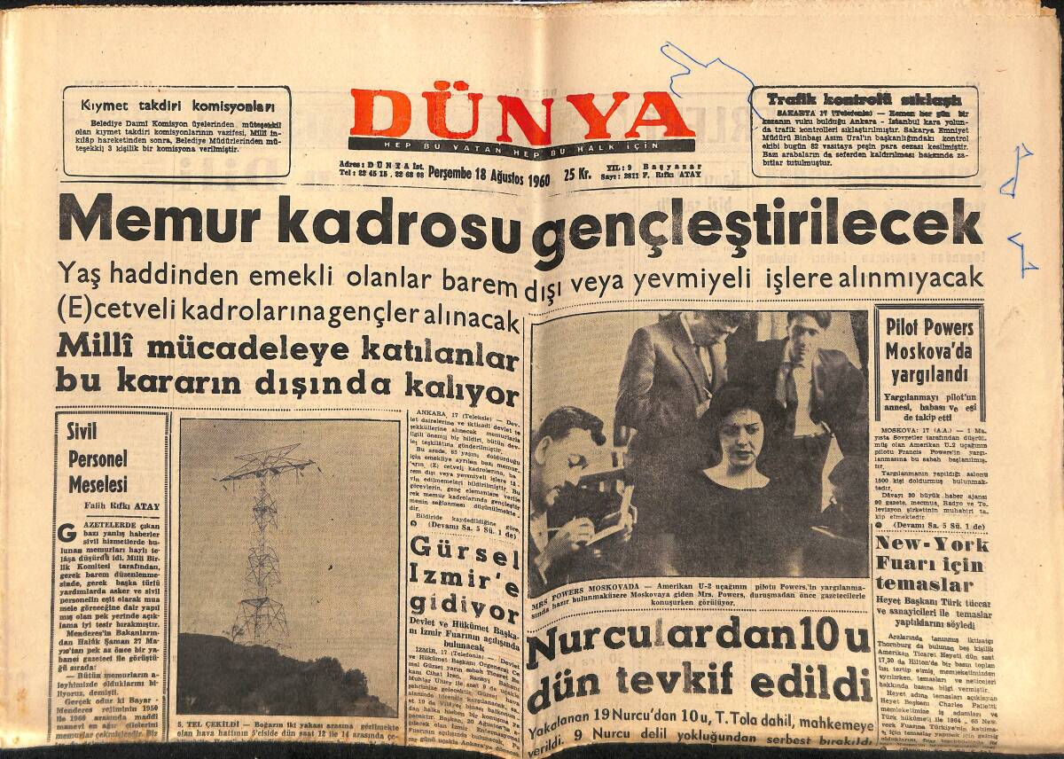 Dünya Gazetesi 18 Ağustos 1960 - Memur Kadrosu Gençleştirilecek - Gürsel İzmir'e Gidiyor GZ150847 - 1