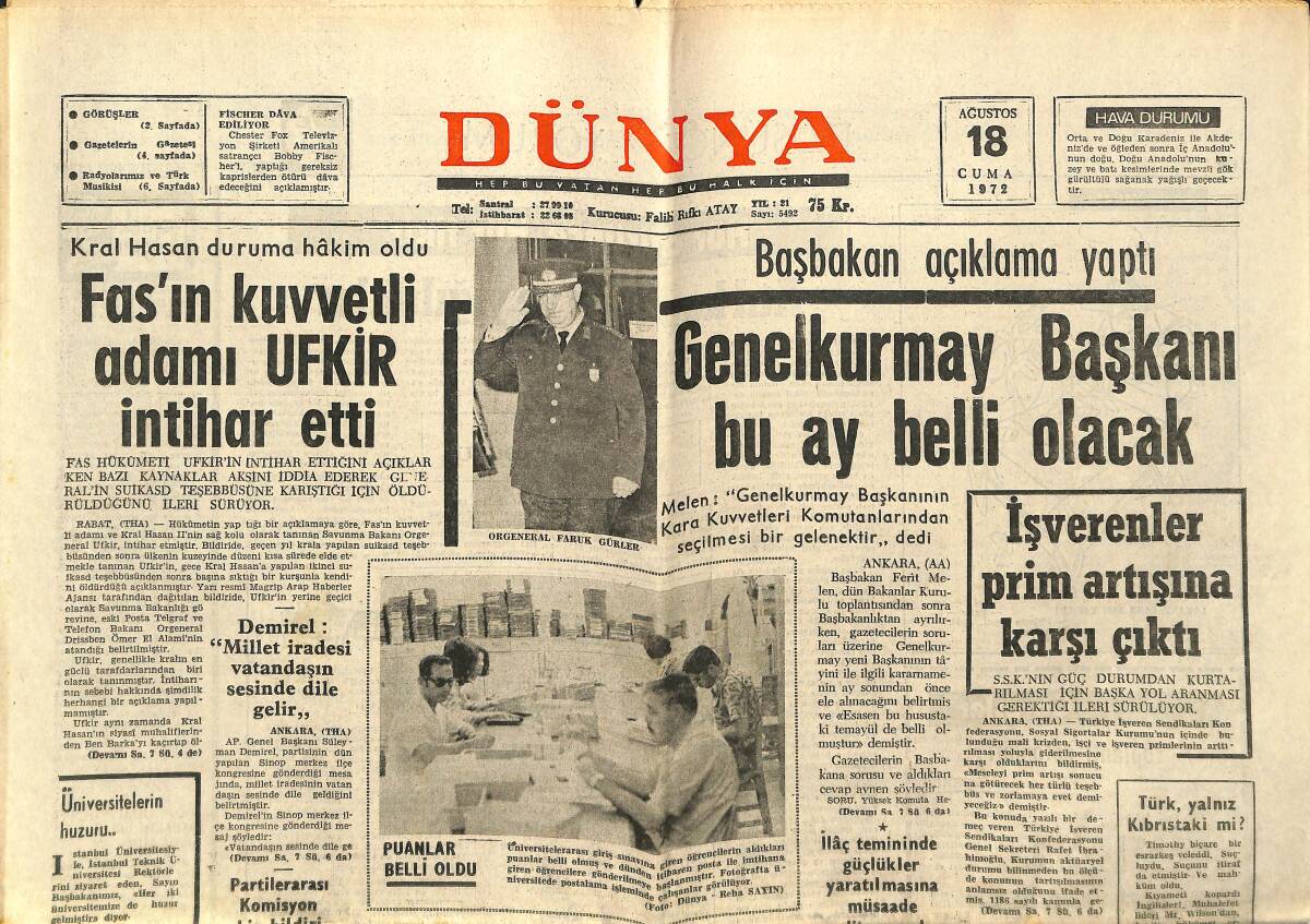 Dünya Gazetesi 18 Ağustos 1972 - Fas'ın Kuvvetli Adamı Ufkir İntihar Etti - Alec Guinness Hitler Oldu GZ147969 - 1