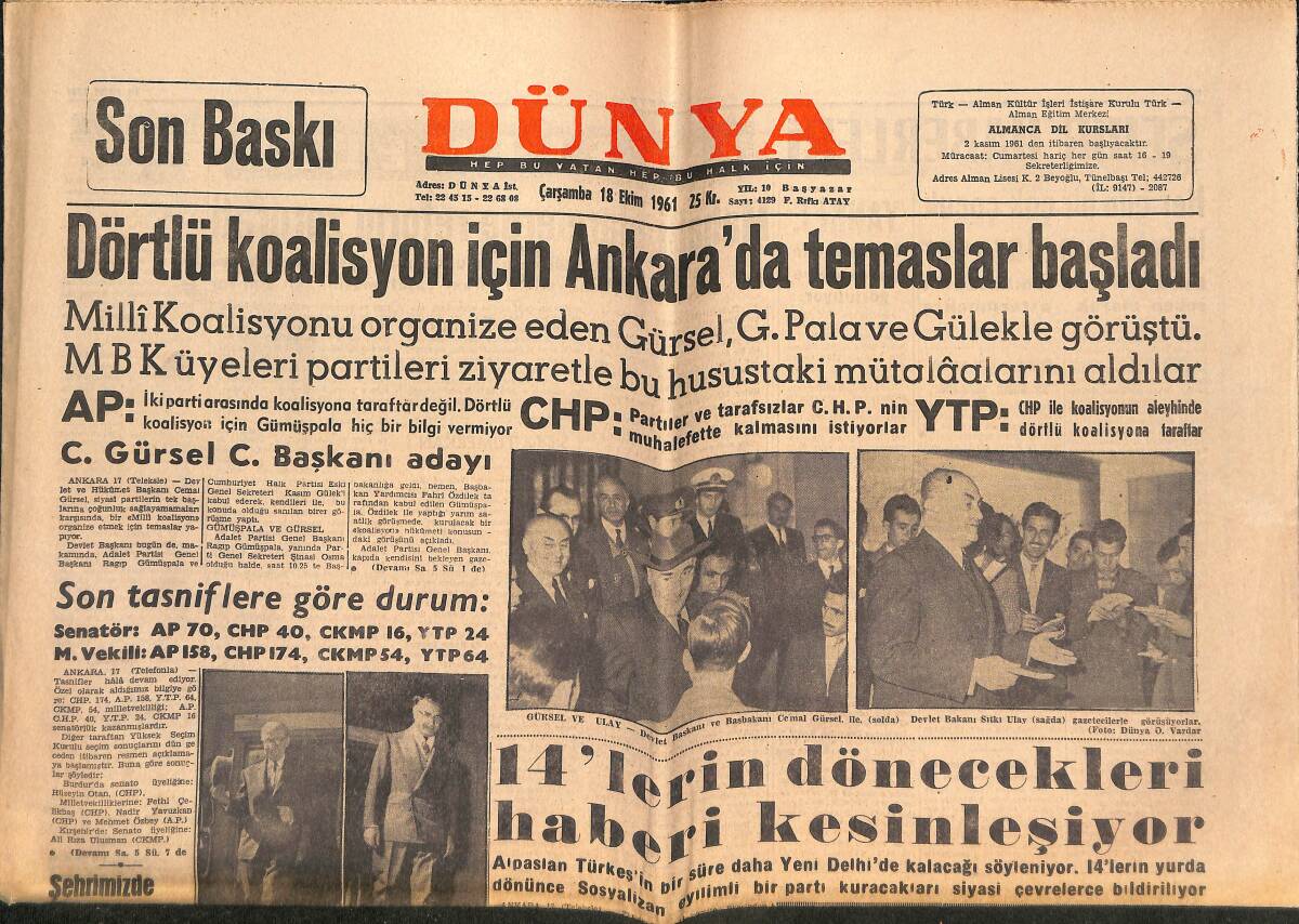 Dünya Gazetesi 18 Ekim 1961 - Kruşçef '' Harp Kaçınılmaz Değildir '' dedi - Dörtlü Koalisyon İçin Ankara'da Temaslar Başladı GZ152475 - 1