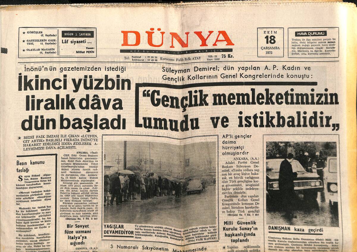 Dünya Gazetesi 18 Ekim 1972 - Bir Sovyet Füze Uzmanı İtalya'ya Sığındı - Nasır'dan Miras Kalan 300 Milyon Liraya Karısı Elini Süremiyor GZ149332 - 1