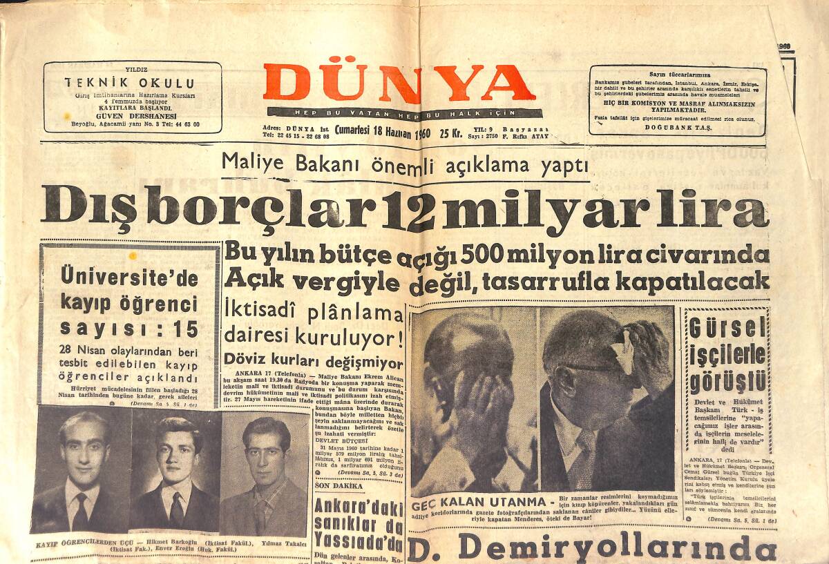 Dünya Gazetesi 18 Haziran 1960 - Dış Borçlar 12 Milyar Lira - Uzmanların İmar İşinde Fikri Alınacak GZ154002 - 1