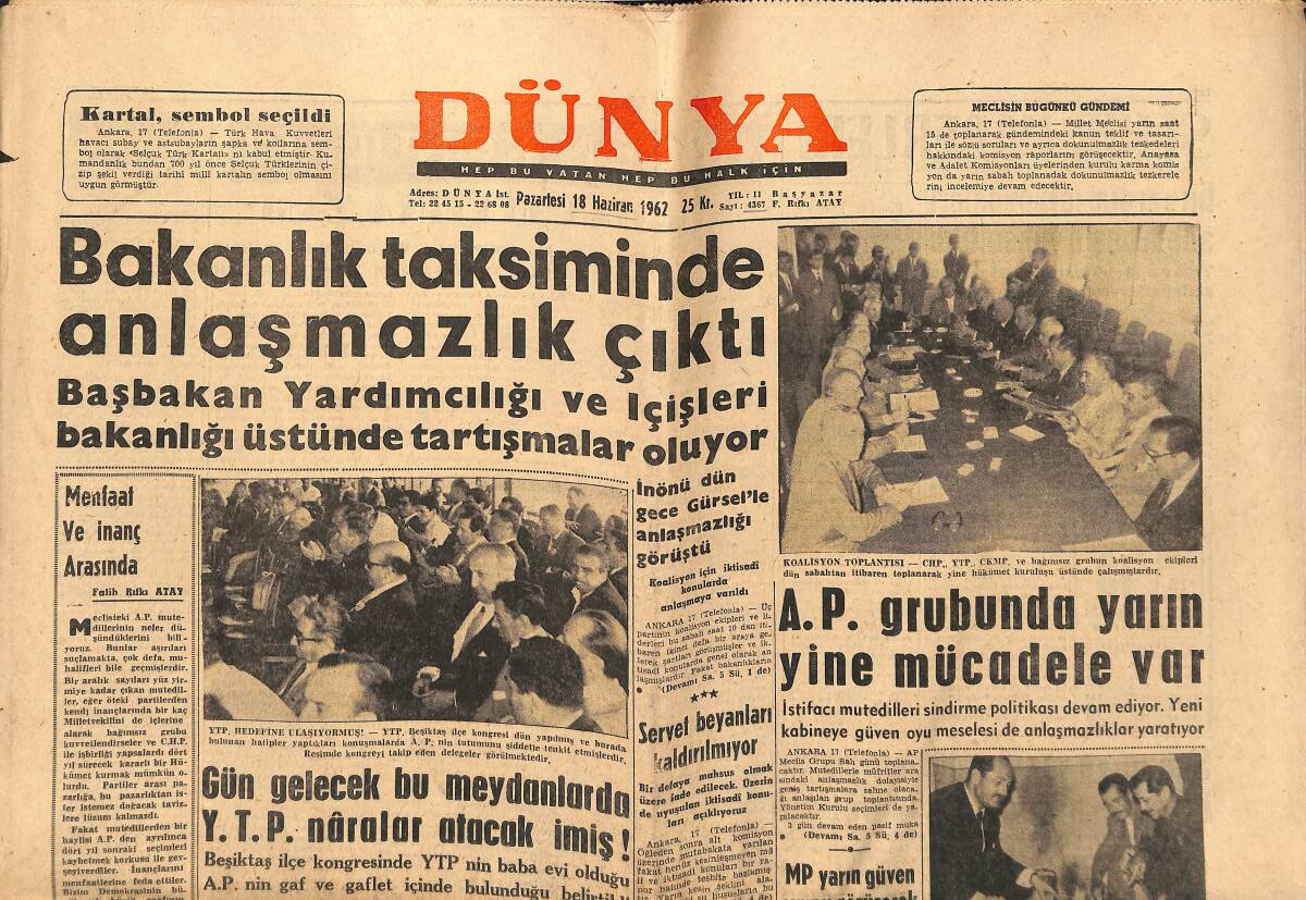 Dünya Gazetesi 18 Haziran 1962 - Gizli Ordu Cezayir'de Ateşkes Emrini Verdi - Bakanlık Taksiminde Anlaşmazlık Çıktı GZ151259 - 1