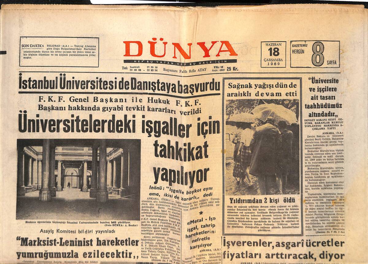 Dünya Gazetesi 18 Haziran 1969 - Tümgeneral Sabri Koçak Vefat Etti - İstanbul Üniversitesi de Danıştaya Başvurdu GZ151299 - 1