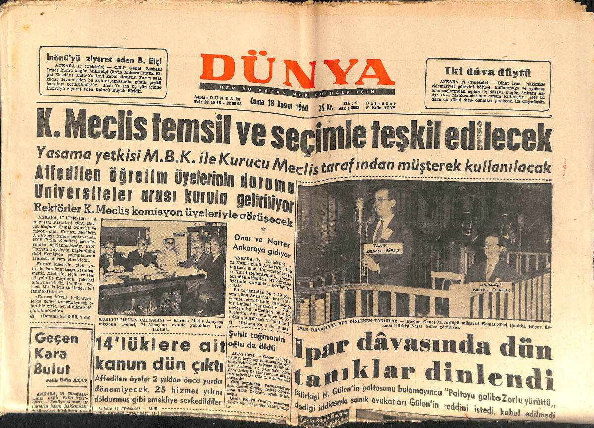 Dünya Gazetesi 18 Kasım 1960 - İpar Davasında Dün Tanıklar Dinlendi - Clark Gable Dün Gece Öldü GZ150898 - 1