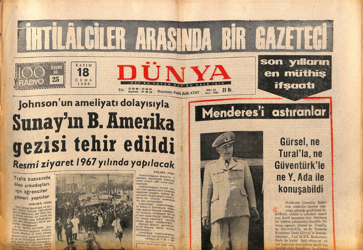 Dünya Gazetesi 18 Kasım 1966 - Galatasaray Metin'e 15 Gün Moral İzni Verdi - Güzide Kasacı Anlatıyor GZ149347 - 1