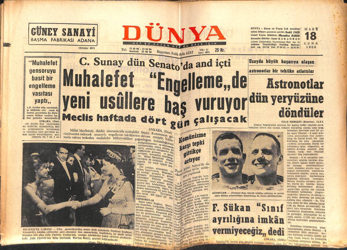 Dünya Gazetesi 18 Mart 1966 - Kraliçe Elizabeth'e Takdim - Türk Doktorlar Gürsel'i Amerika'da Tedavi Edecek GZ150906 - 1