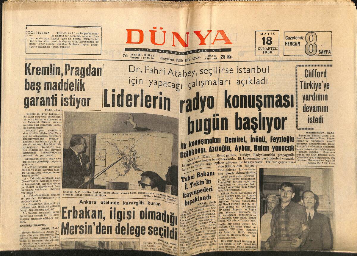 Dünya Gazetesi 18 Mayıs 1968 - Johnny Halliday Kendini Anlattı - Elizabeth Taylor 3 Milyon Liraya Elmas Satın Aldı GZ148191 - 1