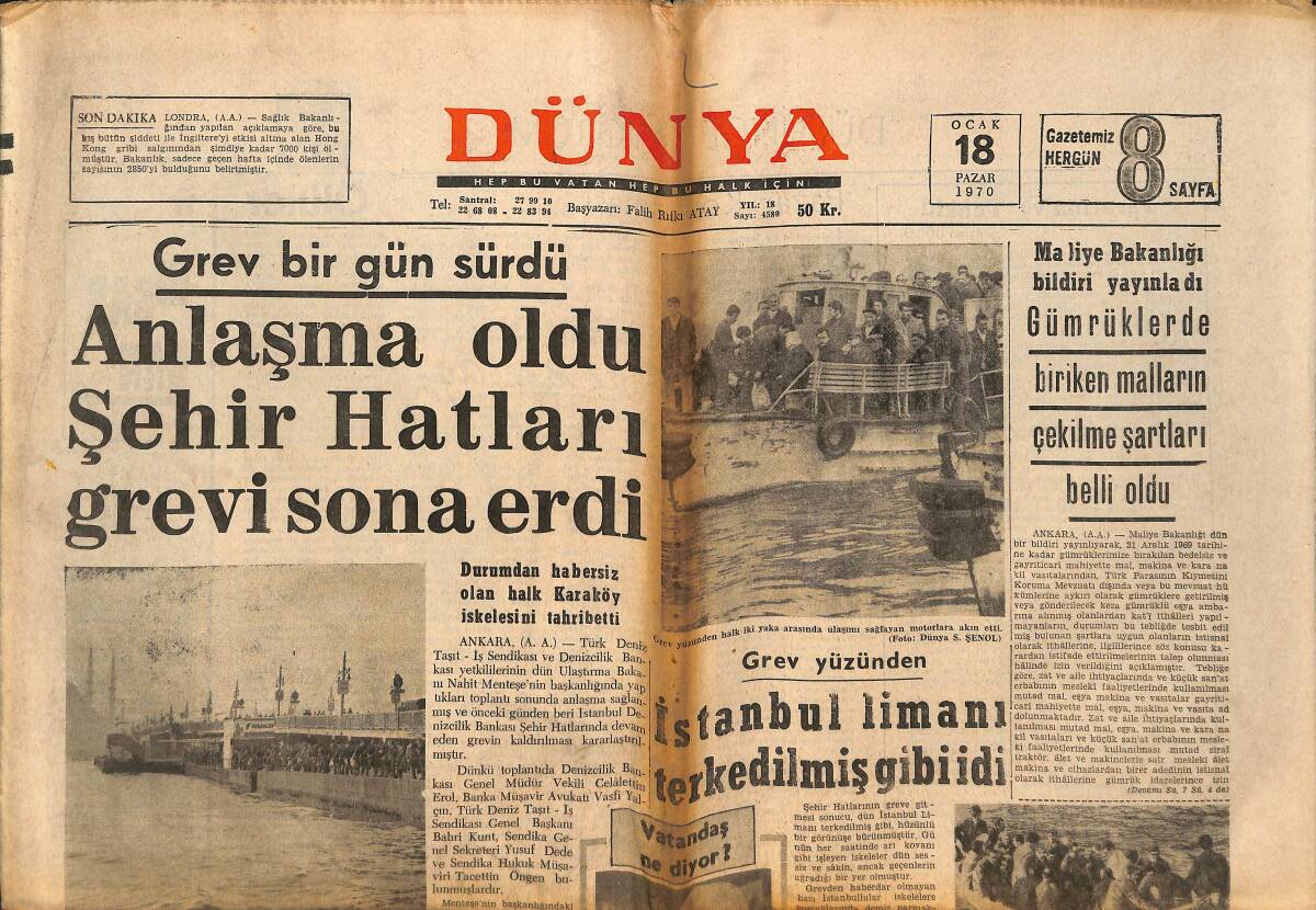 Dünya Gazetesi 18 Ocak 1970 - Şehir Hatları Grevi Sona Erdi, İşçi Genel Müdür Muavinini Boğacaktı, Temel Reis Çizgi Roman GZ148173 - 1