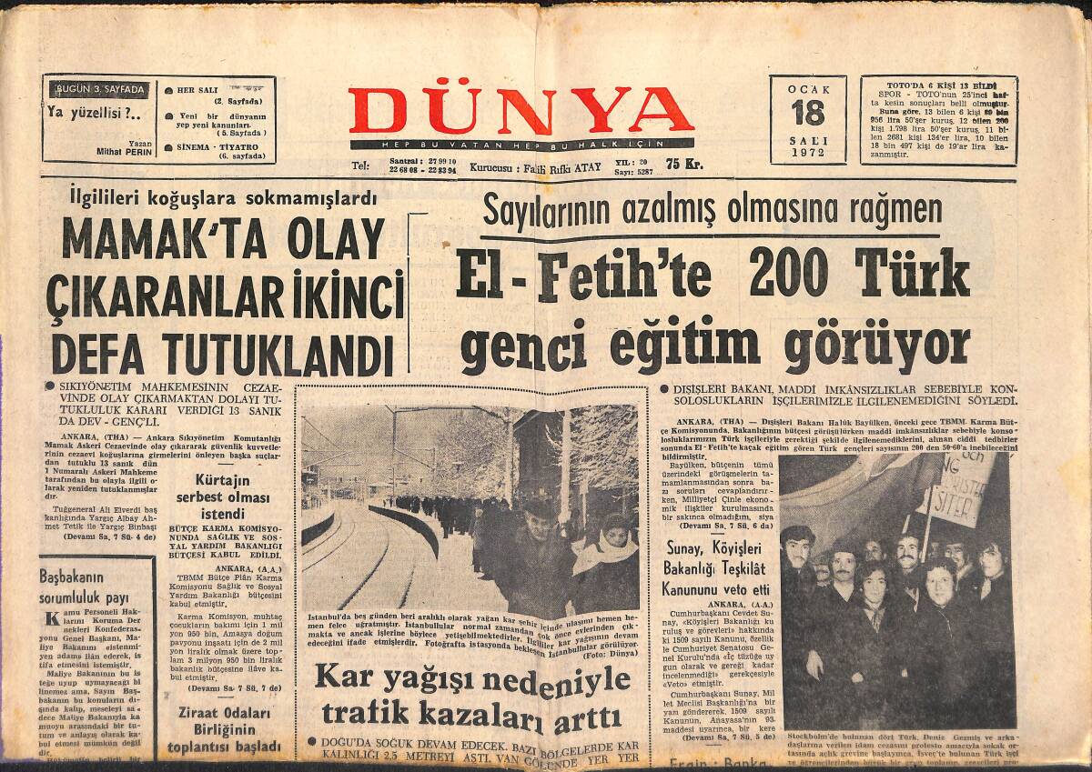 Dünya Gazetesi 18 Ocak 1972 - Jane Fonda Yılın En İyi Sanatçısı - El-Fetih'te 200 Türk Genci Eğitim Görüyor GZ149458 - 1
