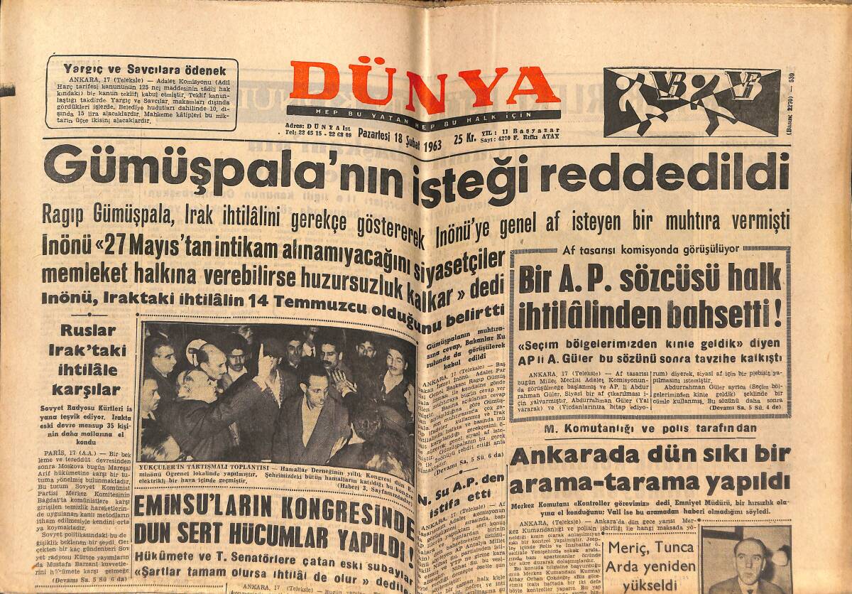 Dünya Gazetesi 18 Şubat 1963 - Gümüşpala'nın İsteği Reddedildi - Belediye Başkanlığına Necdet Uğur Getirildi GZ151102 - 1