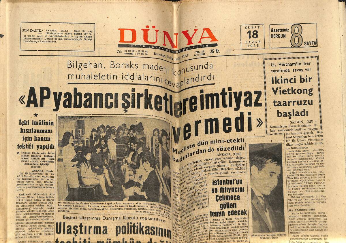 Dünya Gazetesi 18 Şubat 1968 - Yunan Cuntası Batı Trakya Türklerine Baskıyı Arttırdı - Hollywood'un Taçsız Kraliçesi Elizabeth Taylor Hayatı , Aşkları GZ148797 - 1