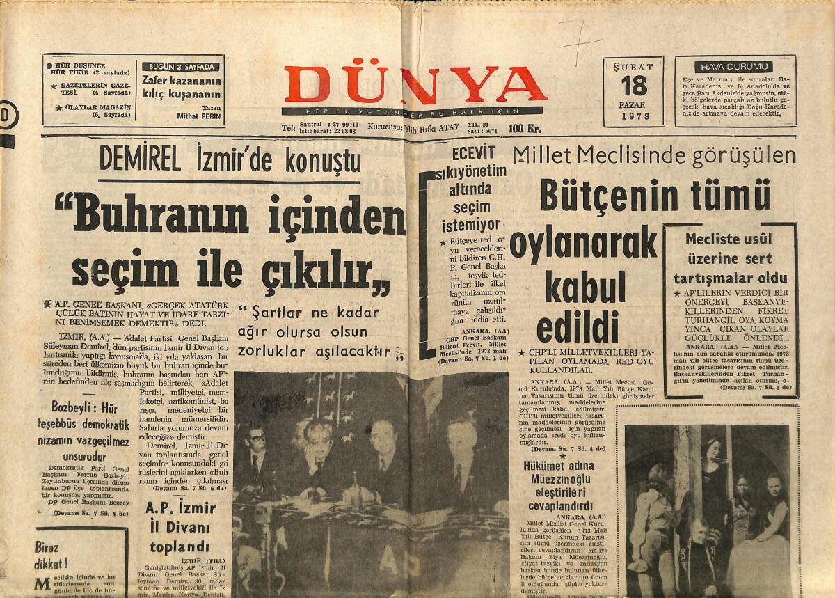 Dünya Gazetesi 18 Şubat 1973 - Demirel İzmir'de Konuştu - Uran'ın Cenazesi Getirildi GZ148312 - 1