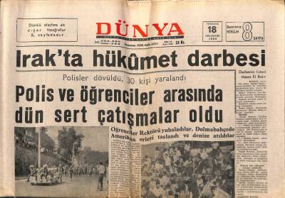 Dünya Gazetesi 18 Temmuz 1968 - Irak`ta Hükümet Darbesi GZ79820 - 1