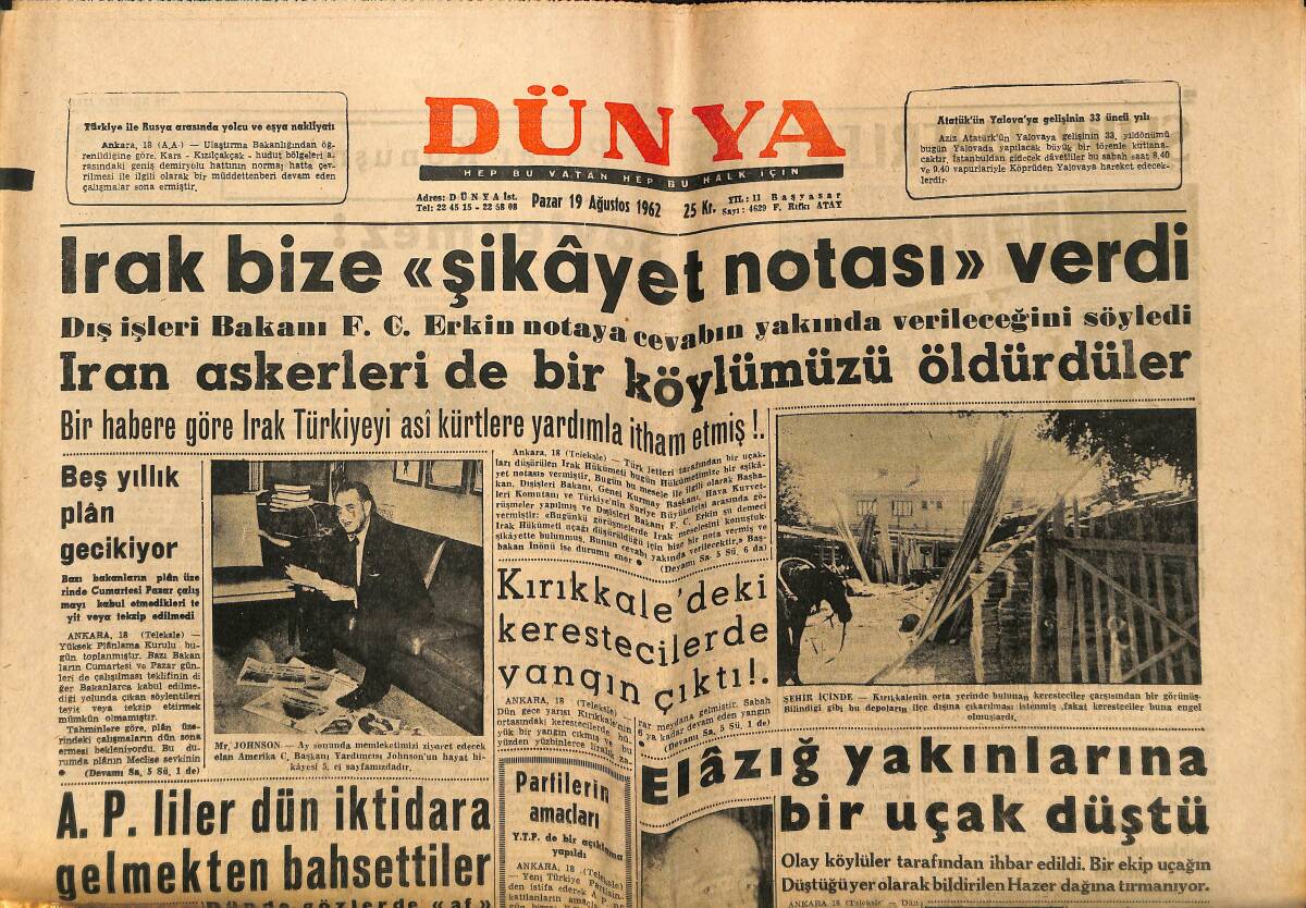 Dünya Gazetesi 19 Ağustos 1962 - Irak Bize Şikayet Notası Verdi, Eminsu Mitingde, Amerika Aya Gitmeye Hazırlanıyor, Marilyn Monroe Serveti GZ148158 - 1