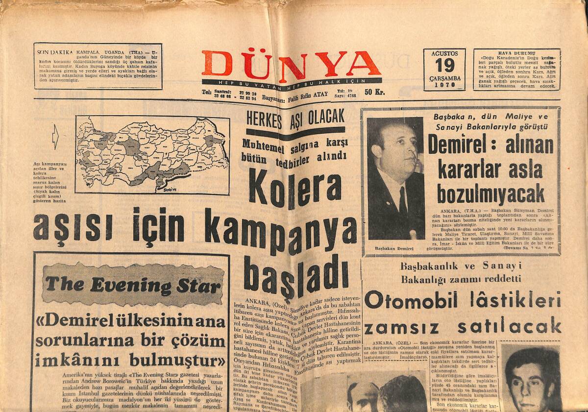 Dünya Gazetesi 19 Ağustos 1970 - Kolera Aşısı İçin Kampanya Başladı - Başkan Kennedy, Castro'nun Öldürülmesi Fikrini Reddetmiş GZ151037 - 1