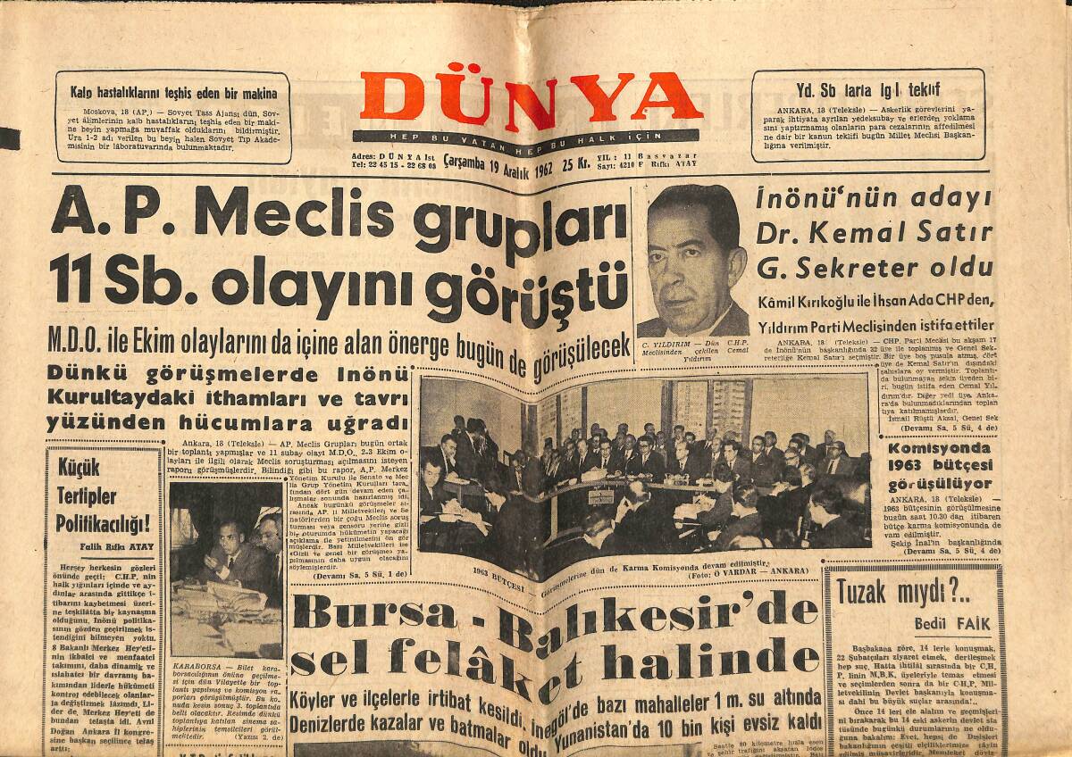 Dünya Gazetesi 19 Aralık 1962 - Galatasaray Milan Maçı İçin 2 Ocak'ta Kampa Girecek - Bursa-Balıkesir'de Sel Felaket Halinde GZ143098 - 1