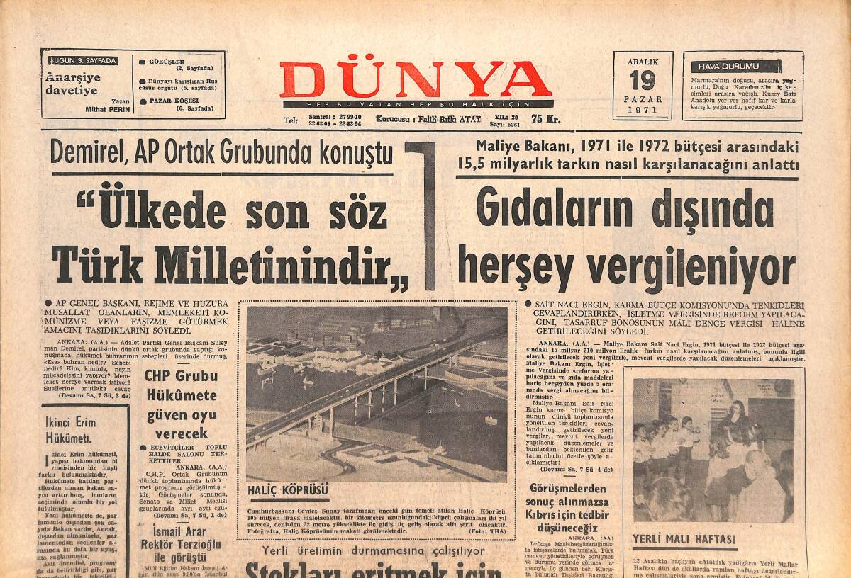 Dünya Gazetesi 19 Aralık 1971 - Yahya Han Aleyhine Gösteriler Başladı - CHP Grubu Hükümete Güven Oyu Verecek! GZ143815 - 1