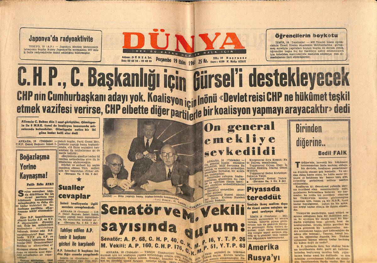 Dünya Gazetesi 19 Ekim 1961 - S. Başol İle A. Üner 1.5 Ay İzinli GZ152476 - 1