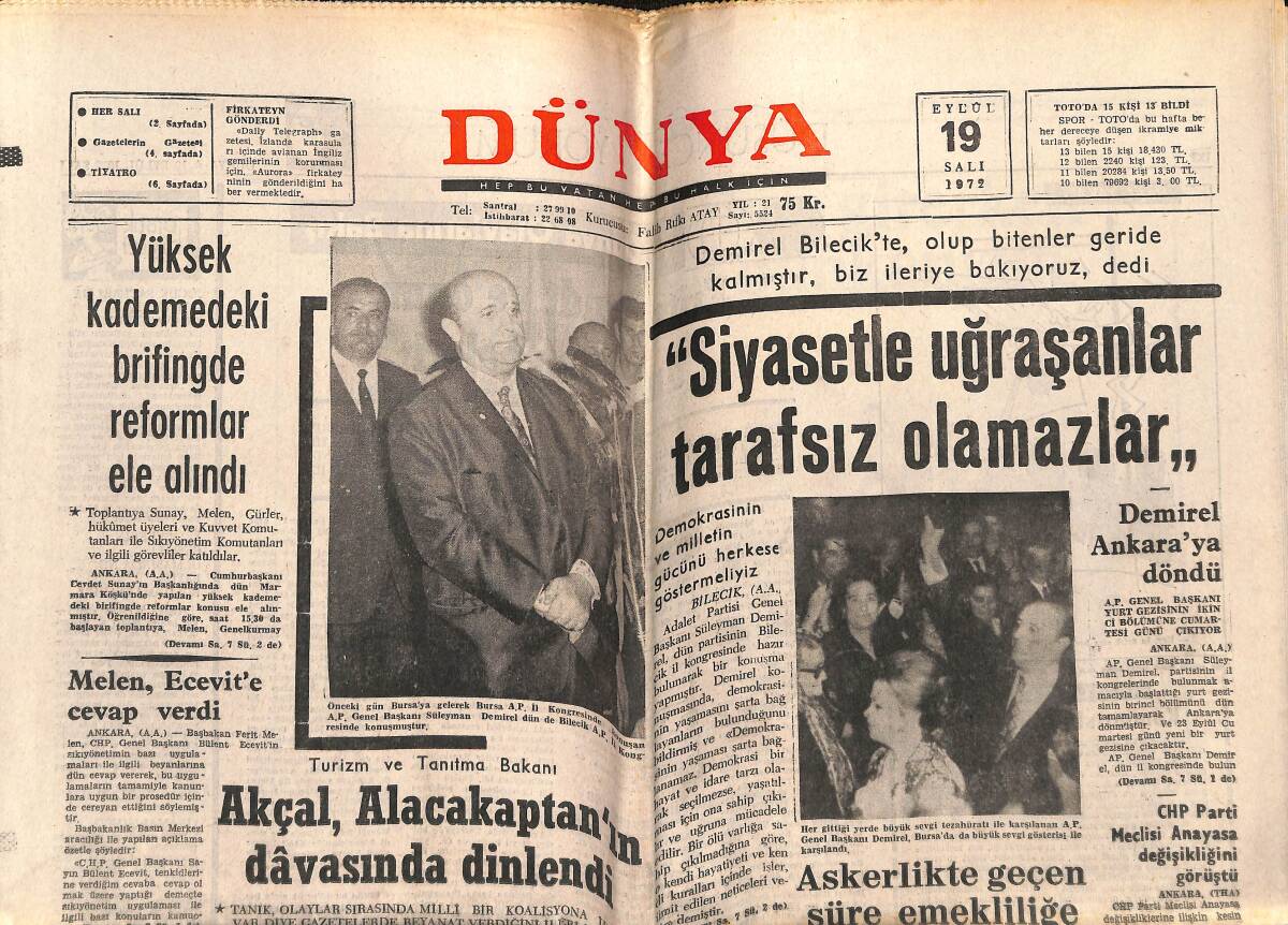 Dünya Gazetesi 19 Eylül 1972 - Halk Bankasının Bazı Şubelerinde Tahkikat Yapılıyor - Akçal , Alacakaptan'ın Davasında Dinlendi GZ143385 - 1