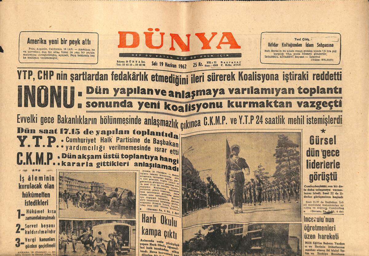 Dünya Gazetesi 19 Haziran 1962 - Sovyet Birlikleri Dün Berlin Duvarı Civarında Mevzilendi - ABD'nin En Büyük Nüklear Denemesi GZ151258 - 1