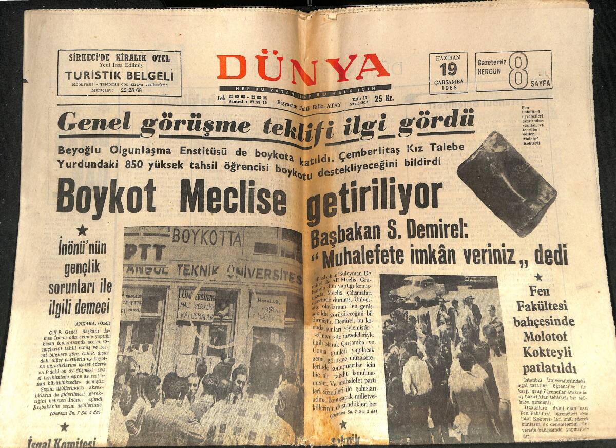Dünya Gazetesi 19 Haziran 1968 - Boykot Meclise Getiriliyor - İnönü'nün Gençlik Sorunları İle İlgili Demeci GZ146320 - 1