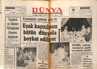 Dünya Gazetesi 19 Haziran 1972 - Uçak Kaçırılması Bütün Dünyada Boykot Ediliyor GZ82225 - 1