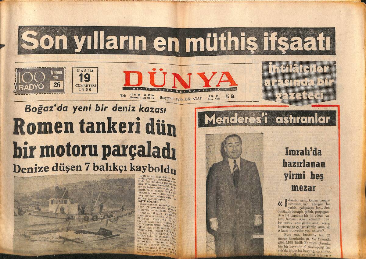 Dünya Gazetesi 19 Kasım 1966 - Prens Charles Hangi Okula Devam Edecek - Menderes'i Astıranlar GZ149348 - 1