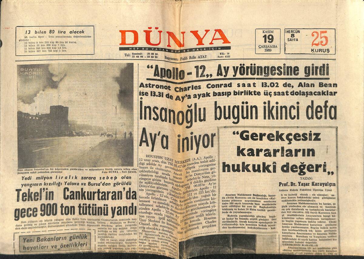 Dünya Gazetesi 19 Kasım 1969 - İnsanoğlu Bugün İkinci Defa Ay'a İniyor - Baba Kennedy Öldü GZ152313 - 1
