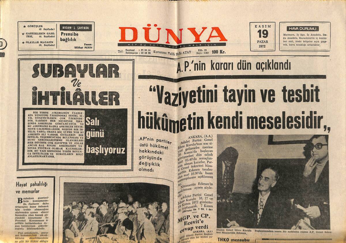 Dünya Gazetesi 19 Kasım 1972 - Arjantin, Peronun Gelişini Kutluyor - Ziraat Bankası 109 Yaşında GZ152238 - 1