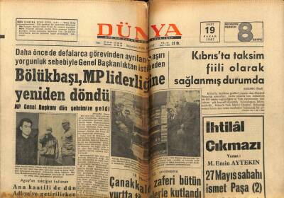 Dünya Gazetesi 19 Mart 1967 - Kıbrısta Taksim Fiili Olarak Sağlanmış Durumda GZ59674 - 1