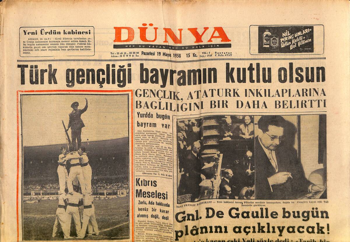 Dünya Gazetesi 19 Mayıs 1958 - Türkiye Voleybolda Galatasaray Şampiyon Oldu - Yeni Fransız Başkanı De Gaulle GZ152164 - 1