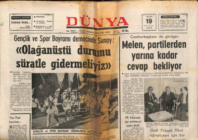 Dünya Gazetesi 19 Mayıs 1972 - Melen , Partilerden Yarına Kadar Cevap Bekliyor GZ83630 - 1