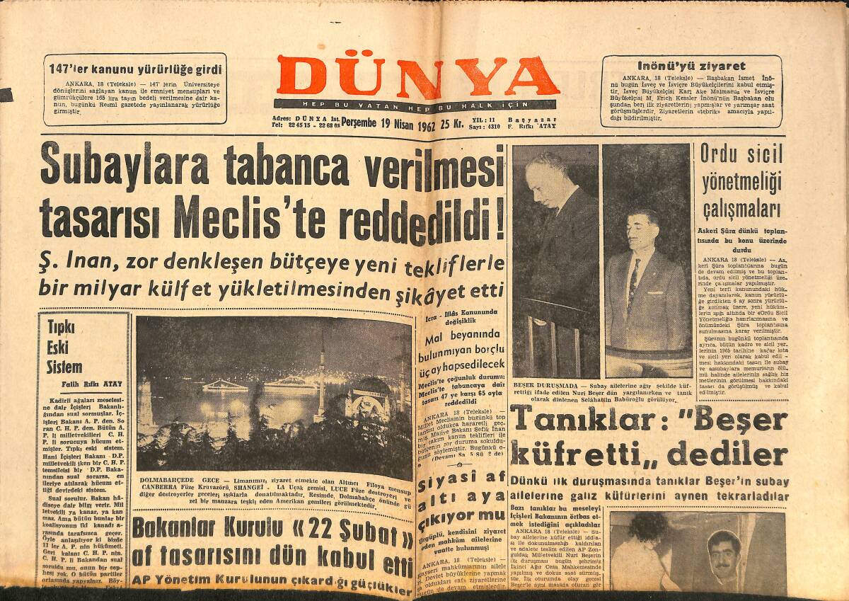 Dünya Gazetesi 19 Nisan 1962 - Reşit Egeli 15 Gün Hapse Mahkum Oldu - Ordu Sicil Yönetmeliği Çalışmaları GZ150519 - 1