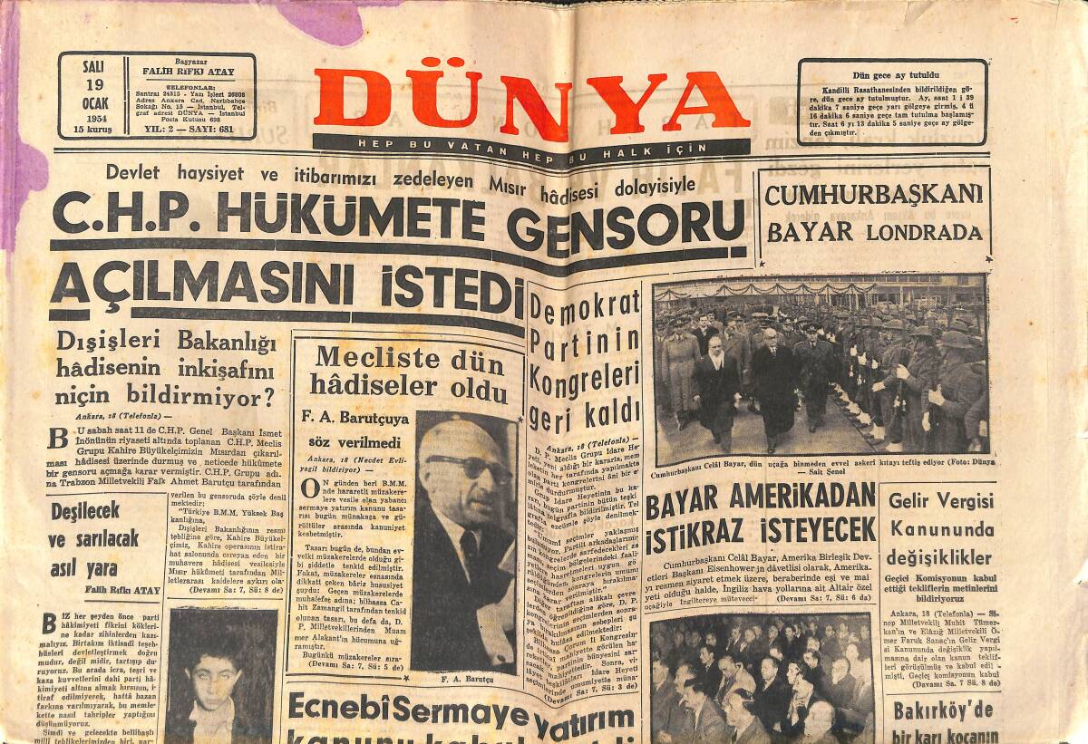 Dünya Gazetesi 19 Ocak 1954 - Siemens Radyo Zeki Müren Reklamı - Bayar Amerika'dan İstikraz İsteyecek GZ141997 - 1