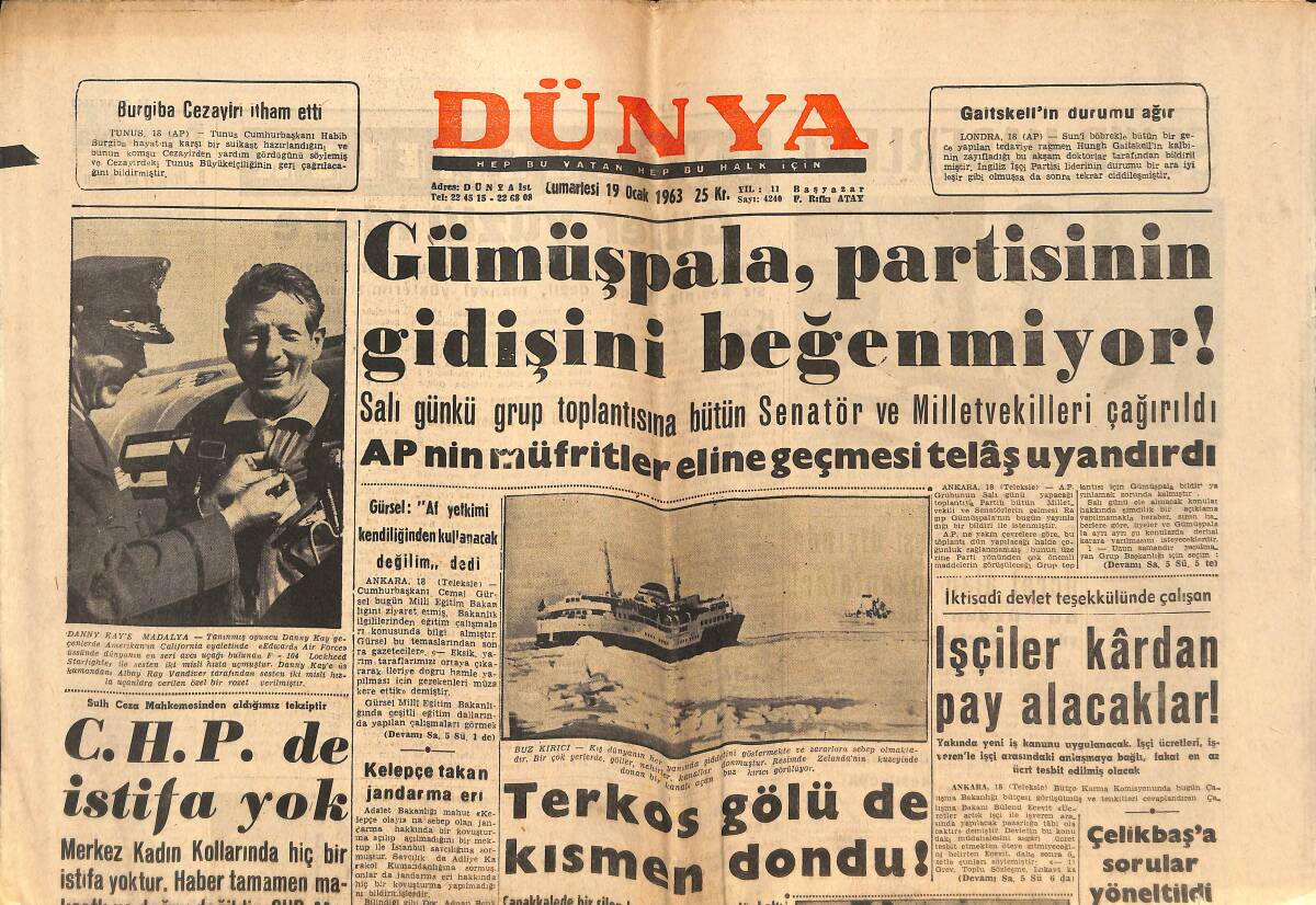 Dünya Gazetesi 19 Ocak 1963 - Komünist Parti Kongresinde Kızıl Çin Delegesi Yuhalandı - Danny Kay'e Madalya GZ152518 - 1