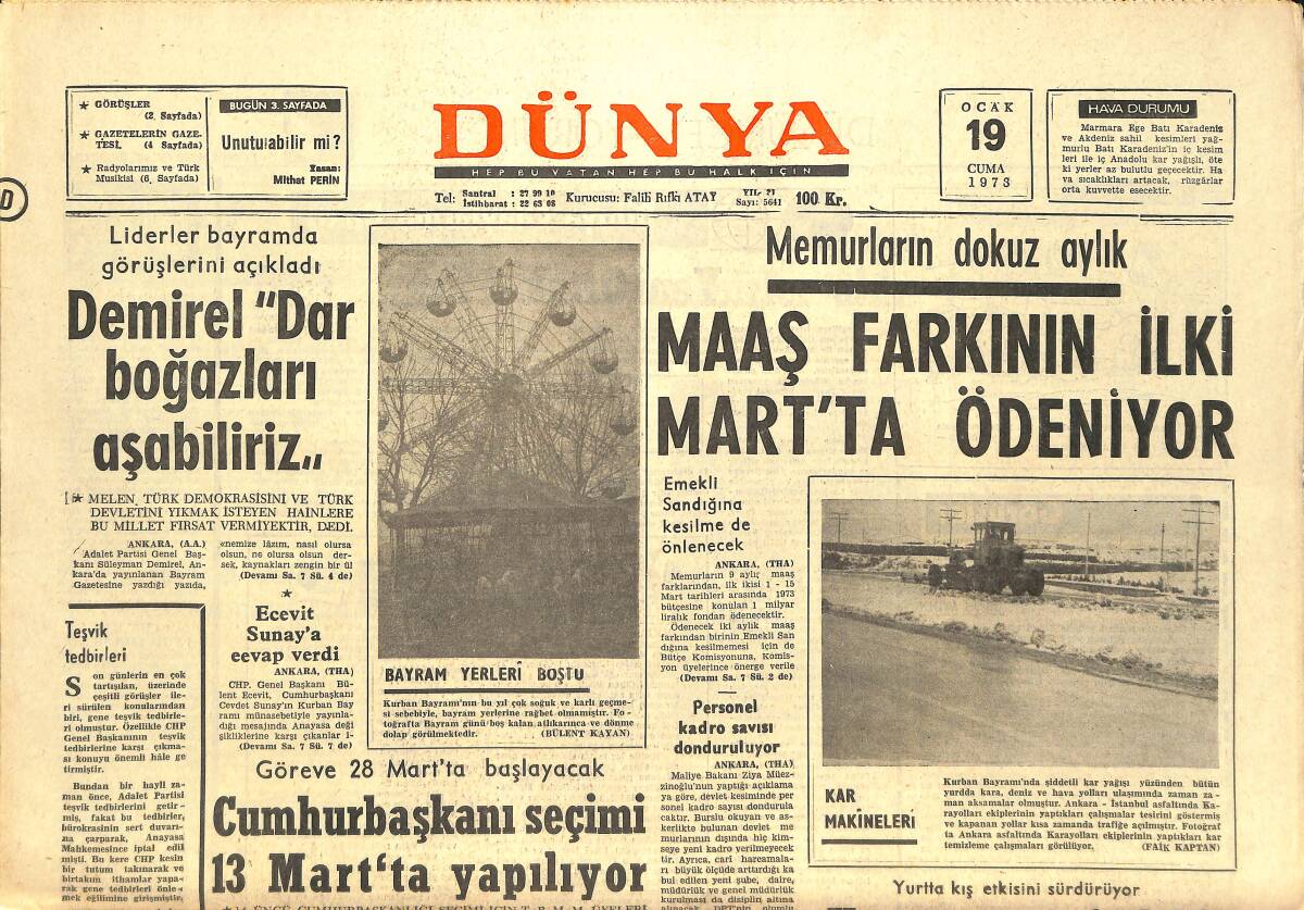 Dünya Gazetesi 19 Ocak 1973 - C. Kamacı İttifakla Galip - Cumhurbaşkanı Seçimi 13 Mart'ta Yapılıyor GZ142785 - 1