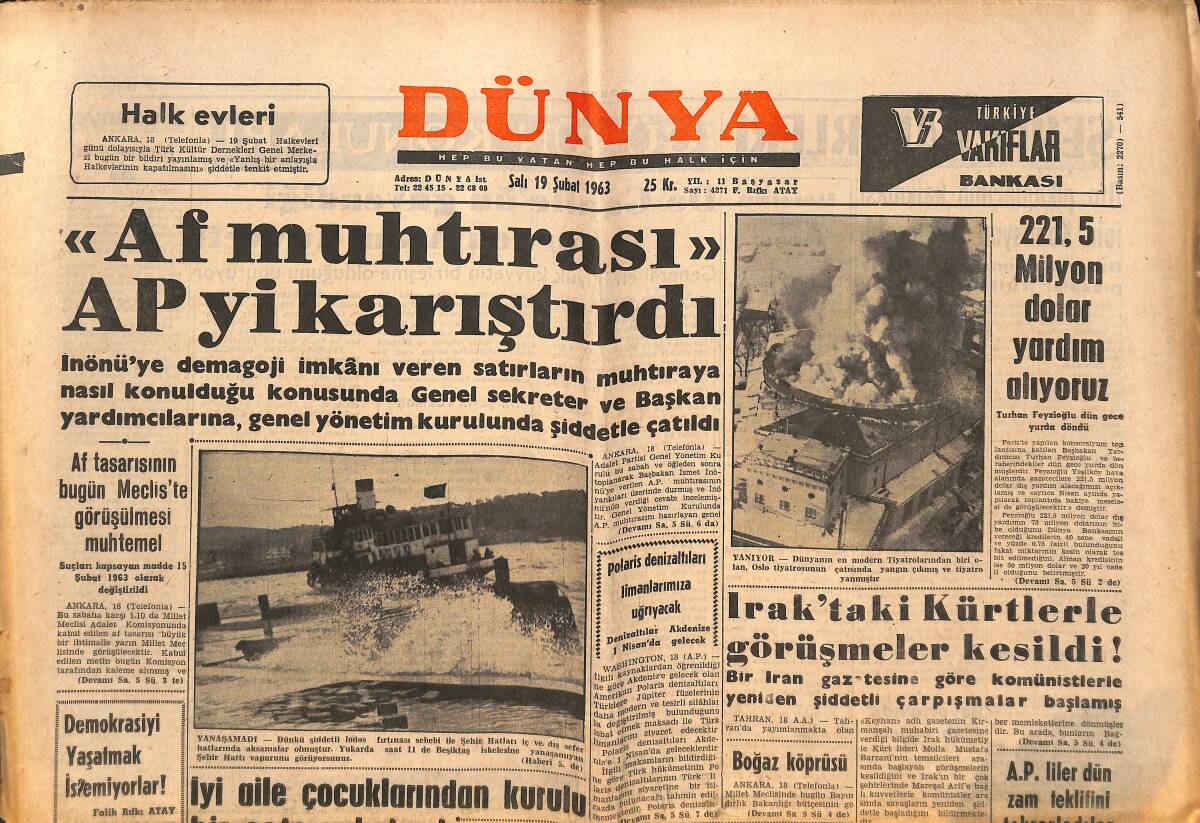 Dünya Gazetesi 19 Şubat 1963 - Kavel Fabrikası İşçilerinden Üçü Dün Tevkif Edildi - 221.5 Milyon Dolar Yardım Alıyoruz GZ150513 - 1