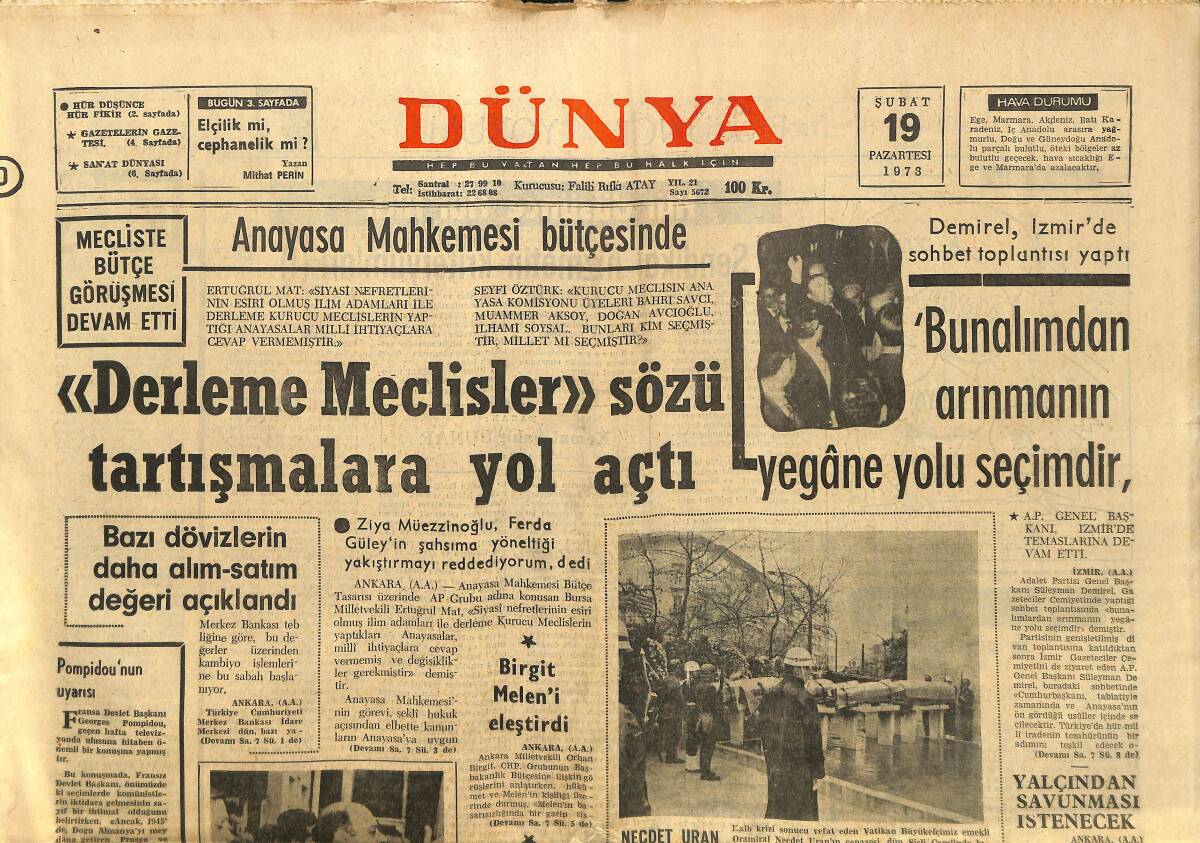 Dünya Gazetesi 19 Şubat 1973 - Batı Trakya'da Türkiye Radyolarını Dinlemek Yasaklandı - Kuraklık Tehlikesi Ortadan Kalkıyor GZ148304 - 1